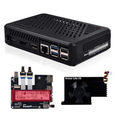 Imagem de GeeekPi Capa DeskPi Lite Pi5 com botão liga/desliga, PCIe para M.2 HAT, cooler ativo e HDMI duplo de tamanho completo para Raspberry Pi 5, suporta SSDs M.2 NVMe M-Key 2230/2242/2260/2280