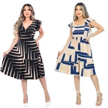 Imagem de Kit 2 Vestido Feminino Midi Manga Curta Evasê Decote Quadrado Babado B