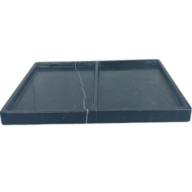 Imagem de Organizador de bancada de mármore natural – 2 compartimentos bandeja de armazenamento de pedra polida para banheiro e cozinha, preto e branco