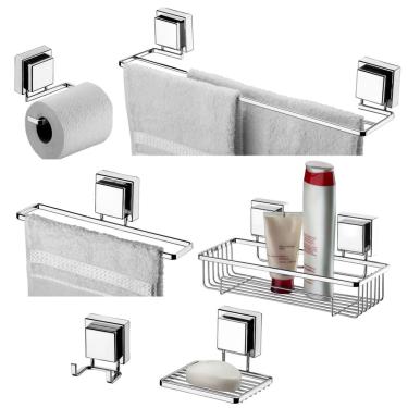 Imagem de Kit Banheiro 6 Peças Toalheiro Porta Shampoo Sabonete Suporte Papel Higiênico Gancho Duplo Ventosa Cromado - Future