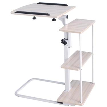 Imagem de Mesa de cama, mesa sobre a cama com rodas, rack de armazenamento de três níveis, mesa para laptop, para computador, parte superior inclinada, perna dobrável com gaveta de altura ajustável, mesa móvel