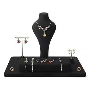Imagem de Porta-joias Conjunto de 5 peças de busto de veludo preto para exibir joias, colar, pulseira, brinco, pingentes e anel para joalheria de varejo e casa Organizador de estande de joias