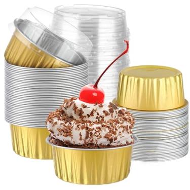 Imagem de ylnurac 200 peças de recipientes de cupcake de alumínio dourado, copos de sobremesa de 142 g com tampas, mini formas de bolo com tampas e colheres para presente, festas de aniversário, bolos, vendas,