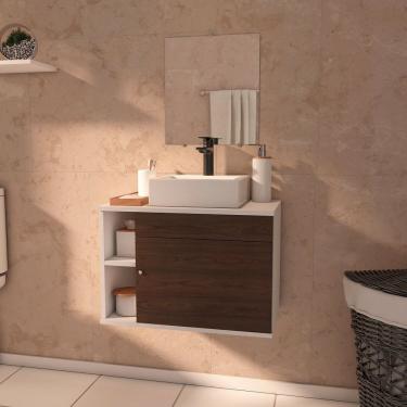 Imagem de Gabinete Armário Para Banheiro Com Espelho E Cuba Mármore Sintético 60cm Marrom