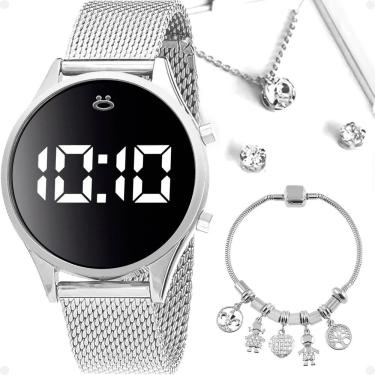 Imagem de Relogio Feminino Digital Aço Prata + Colar + Caixas + Brincos Academia Original Moda Casual Presente