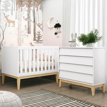 Imagem de Kit Quarto Infantil Branco – Cômoda Noah 4 Gavetas com Porta + Berço Mini Cama Noah
