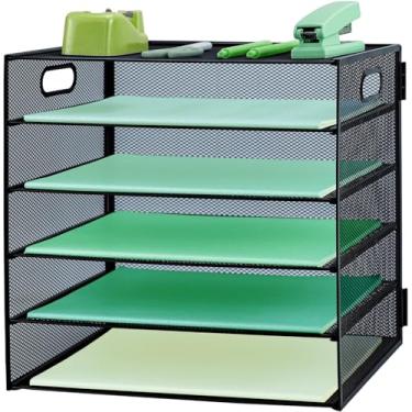 Imagem de IOUGDSEC Bandeja de papel com alça, organizador de arquivos de mesa de malha de metal de 5 camadas, bandejas de arquivo de mesa de papel A4, suporte de documentos de revista arrumado para escritório
