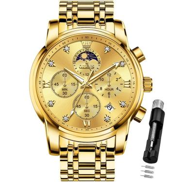 Imagem de Relógio OLEVS Gold Moon Phase, vestido de luxo para homens, impermeável