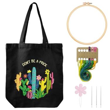 Imagem de Louise Maelys Kit de bordado de cacto, sacola de lona para iniciantes, kits de ponto cruz para adultos, estampa engraçada de flores de plantas, mulheres, compras, sacolas de compras reutilizáveis