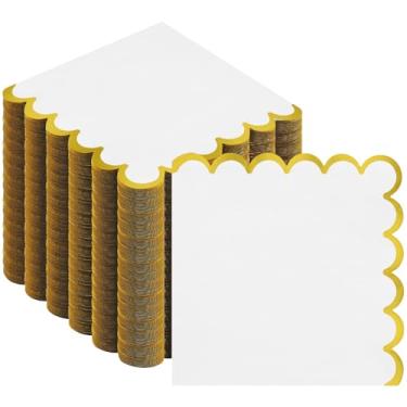 Imagem de Pacote com 200 guardanapos de coquetel brancos - guardanapos de coquetel recortados dourados de 12 cm, guardanapo de papel branco e dourado elegante para casamento, chá de bebê, chá de panela, festa
