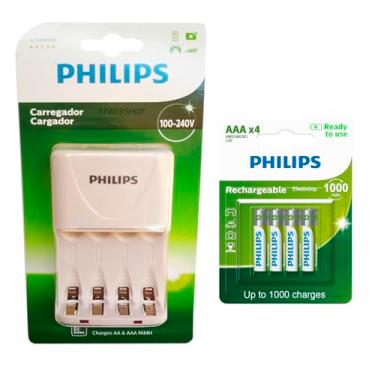 Imagem de Carregador de Pilhas Philips com 4 Pilhas Aaa 1000mAh Recarregáveis RTU Bivolt Inmetro