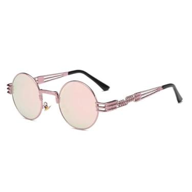 Imagem de HCHES Óculos de sol polarizados de metal punk masculino, redondo, rosa, steampunk, revestimento vintage (MPTYJ097 roxo-rosa)