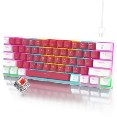Imagem de RAZEAK Teclado Mecânico Portátil 60% Para Jogos, Compacto, 61 Teclas, Mini Usb-C, Interruptor Vermelho Windows, Pc E Laptop - Branco/Vermelho