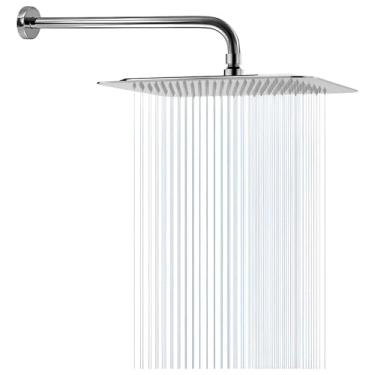 Imagem de Ducha Chuveiro Quadrado Inox Slim 20cm C/Braço Redondo 38cm Inox Brilhante