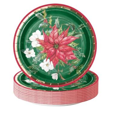 Imagem de WRAPAHOLIC 25 peças de pratos de papel de Natal – 17,8 cm de folha dourada de flor de poinsétia pratos descartáveis decorativos pratos de sobremesa para festa de Natal suprimentos de mesa decoração de