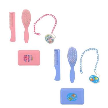 Imagem de Kit Banho Bebê Escova Pente Saboneteira E Prendedor Murano, Rosa
