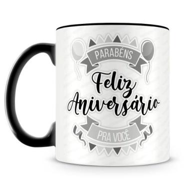 Imagem de Caneca Personalizada Feliz Aniversário Preta com Foto e Nome - 325ml -