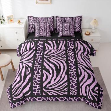 Imagem de Feelyou Conjunto de edredom com estampa de zebra, 7 peças, Queen, roxo, preto, leopardo, para crianças, meninos, meninas, decoração de quarto, respirável, macio e leve de microfibra