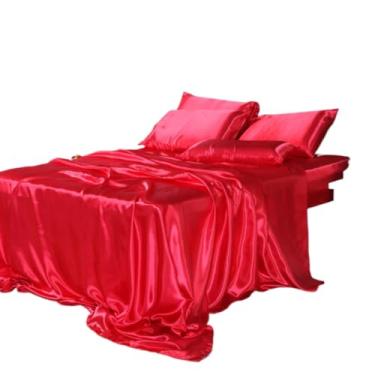 Imagem de Jogo de Cama em Cetim 4 Peças Toque Macio e Sedoso Tamanho Casal Queen e King(Vermelho,4 Fronhas Avulsas)