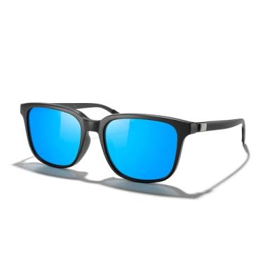 Imagem de Óculos de sol unissex retangulares polarizados vintage para homens/mulheres, pernas de alumínio, Armação preta fosca/lente espelhada azul/hastes pretas, Lens Width:55 Millimeters