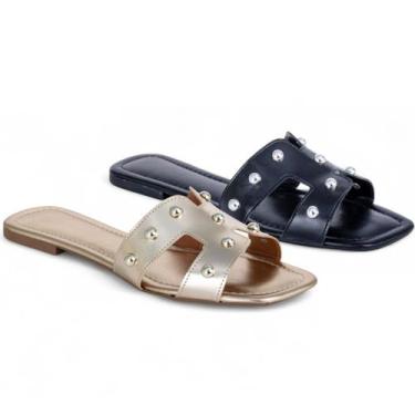 Imagem de Kit 2 Pares De Sandália Rasteira Feminina Rasteirinha Modelo H Leve Bá