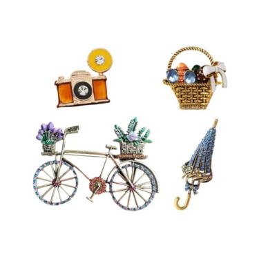 Imagem de Conjunto de broches femininos retrô de strass vintage estilo country conjunto de broche com bicicleta, chapéu, cesta, animal (filhote), guarda-chuva, câmera retrô, colorido, engraçado, acessórios de