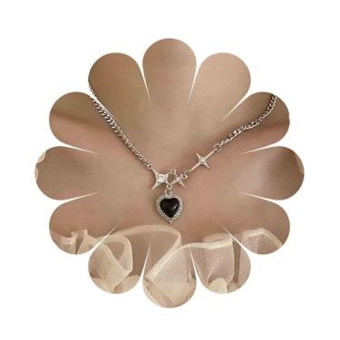 Imagem de Aneneiceera Colar vintage com pingente de coração de ônix prata, colar gargantilha de coração com cruz de zircônia cúbica, colar de corrente punk grossa, joia feminina, Zinco, Sem Pedra Preciosa