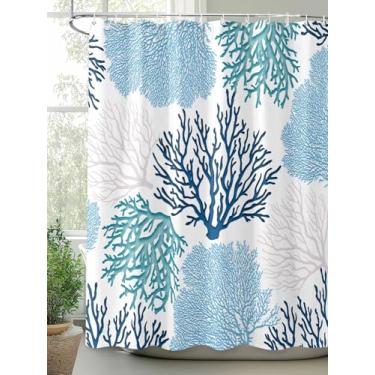 Imagem de Cortina de chuveiro azul-petróleo coral oceano vida marinha conjunto de cortinas de chuveiro com ganchos tecido impermeável cortina de banho para banheiro decoração de banheira acessórios de casa 182