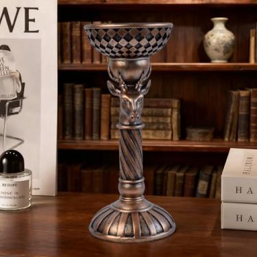 Imagem de Suporte de castiçal de animal coroado de cobre quadriculado cônico, decoração de resina gótica eclética para mesa de cornija, prateleira de casa, mesa de trabalho, decorações de Natal de Halloween