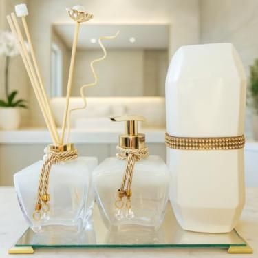 Imagem de Kit Lavabo Difusor Saboneteira Branco Luxo Frascos Cheios (Kit Lavabo com Refil Branco/Dourado Luxo)