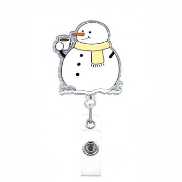 Imagem de Carretel de crachá de Natal retrátil com glitter, boneco de neve gordo, bebendo café, suporte de crachá de enfermeira com clipe de jacaré giratório para enfermeira de Natal, médico, trabalhador de