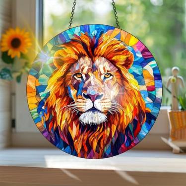Imagem de Apanhador solar de acrílico colorido, estilo vitral com estampa de leão animal com reflexos de arco-íris, arte de parede para decoração de janela suspensa, ornamentos de Natal para uso interno e