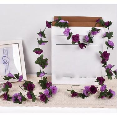 Imagem de Flores artificiais - flor de seda com hastes rosa roxa arranjos florais falsos para casa de banho escritório mesa central prateleira decoração de casamento