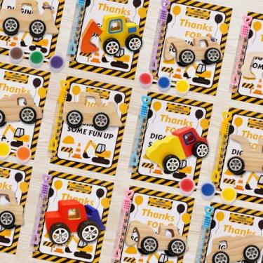 Imagem de GOGREENWOVEN Lembranças de festa de construção para crianças – 12 artesanatos de caminhão de madeira DIY com bolhas e tintas - Materiais de festa de aniversário de construção - Lembranças temáticas de