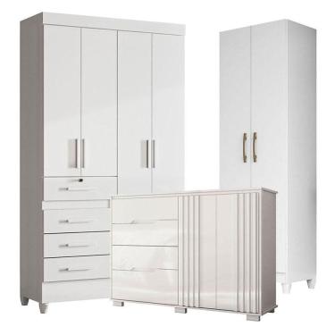 Imagem de Guarda Roupa Infantil Sobral Com Cômoda Texas E Armário Multiuso New íris Branco Brilho - Moval