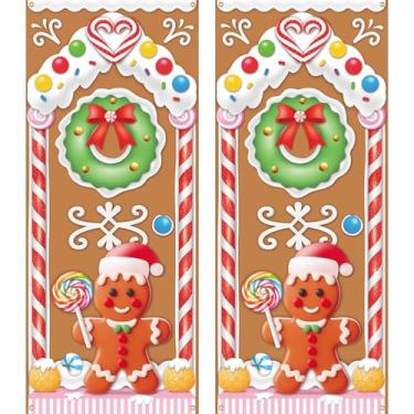 Imagem de Decorações de cobertura de porta de casa de gengibre de Natal - Faixa de porta de gengibre para decoração de fundo de festa Candyland para decoração interna e externa, 182 × 76 centímetros