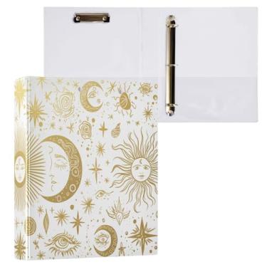 Imagem de Blueangle Fichário com 3 anéis de sol e lua dourados com prancheta e 2 bolsos - Organizador de documentos decorativos de 3 cm para escritório, suprimentos para reuniões (387)