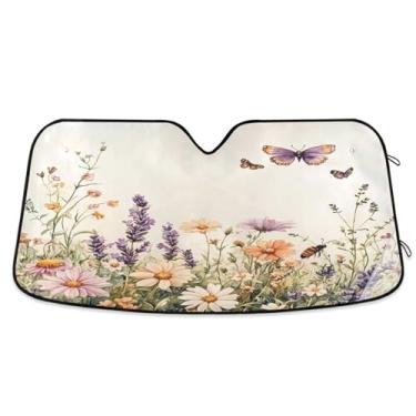 Imagem de ATTX Para-brisa de carro Spring Wildflowers and Butterflies 139.7 cm x 70.1 cm Protetor solar universal com proteção UV, persiana de janela frontal automática dobrável para Sedans SUVs Trucks #303