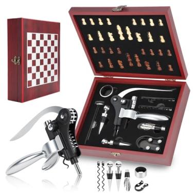 Imagem de Kit Abridor de Vinho, Abridor de vinho 2 em 1 e conjunto de xadrez para amantes de vinho Caixa com tabuleiro de xadrez, peças de xadrez/Abridor de garrafas Kit Abridor Vinho Aço Inoxidável 9 Pçs