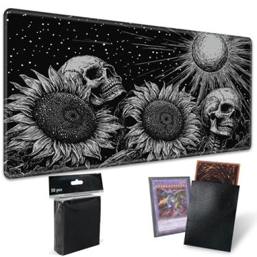 Imagem de Playmats for Magic: The Gathering MTG Card Game Mat Plus 50 Pcs Card Sleeves, 24 x 14 inch TCG Mat with Stitched Edge for Commander Deck Duskmourn Board Game, Dark Sunflower Skull