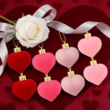 Imagem de 12 peças de enfeites de bola para pendurar coração dos namorados – enfeites de tecido de veludo artificial de 4 cores, decoração vermelha/rosa para casamento, aniversário e decoração de árvore de