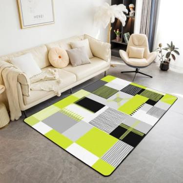 Imagem de Erosebridal Tapete verde limão, cinza, 1,28 m x 9,5 cm, preto e branco, abstrato, para crianças, meninos, adolescentes, homens, geométrico, quadrado, quadriculado, decorativo, moderno, decoração de