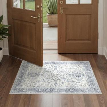 Imagem de Bavni Tapete de entrada lavável 5 x 7 cm, tapete antiderrapante para entrada ou cozinha, tapete interno ultrafino com estampa vintage, azul claro