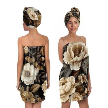 Imagem de NIGHTCRUZ Conjunto de envoltório de banho floral vintage, toalha de banho de microfibra preta com turbante de cabelo, estampa de flores brancas douradas Spa Body Wrap para mulheres (Floral 2)