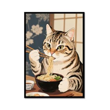 Imagem de Arte de parede em tela de gato preto engraçado vintage japonês gato comendo ramen imagem única amante de gatos para decoração de parede de cozinha e sala de jantar (SKU6,12x40,6 cm = (30 x 40 cm