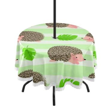 Imagem de Qilmy Toalha de mesa redonda impermeável Hedgehogs Leaves 152 cm com orifício para guarda-chuva e zíper – uso externo / interno resistente para pátio, churrascos, piqueniques, festas (serve para mesas