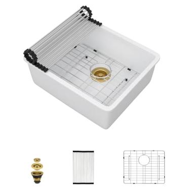 Imagem de Talllor Pia de barra de montagem inferior de 53 x 43 cm - tigela única de quartzo clássico composto de granito branco sob a pia do balcão para trailer, bar molhado, cozinha pequena, casa móvel #TLGU