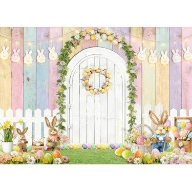 Imagem de DePhoto Pano de fundo de páscoa de 1,8 x 1,8 m, pranchas de madeira coloridas, cerca de madeira, coelhos, ovos coloridos, decoração de festa para chá de bebê, faixa de Páscoa, adereços para fotos