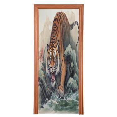 Imagem de Wassud Capa de porta de Halloween 89 x 199 cm decoração de tigre grande descendente, faixa elástica para porta interna externa para porta da frente da varanda