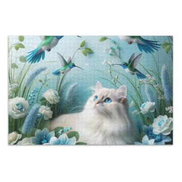 Imagem de Quebra-cabeça azul floral gato pássaro adultos 500 peças brinquedo família arte divertido brinquedo adulto presentes elefantes brancos, 51 x 35 centímetros